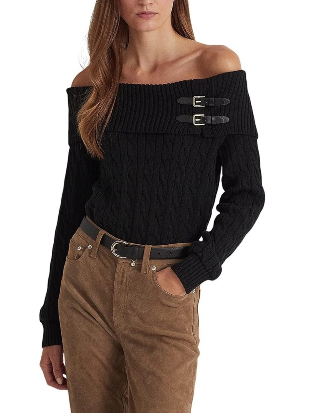 Ralph Lauren Black Off-Shoulder Cable Knit Sweater with Buckle Detail